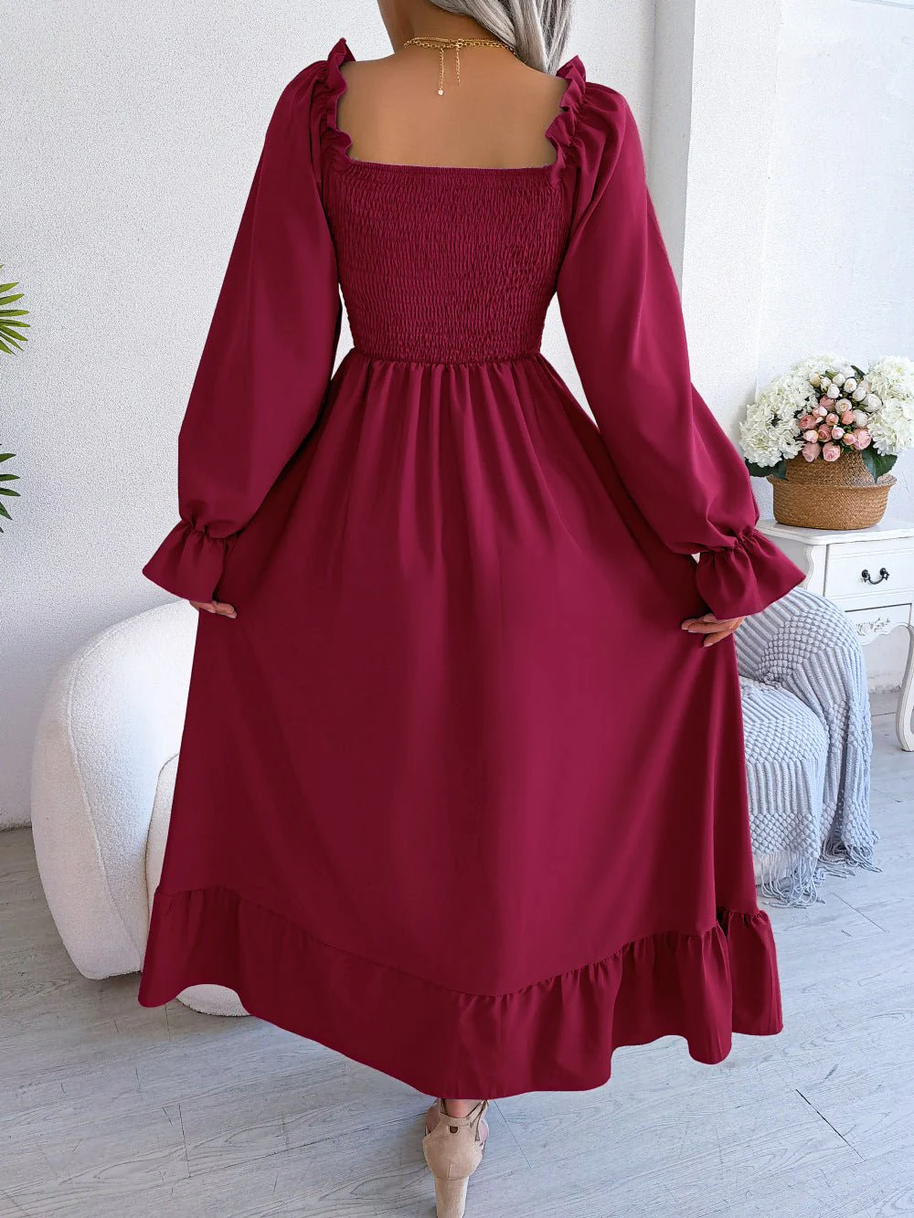 The Romantic Swing | Solid Color Square-Neck Ruffled Trumpet Sleeve Maxi Dress - Image 22