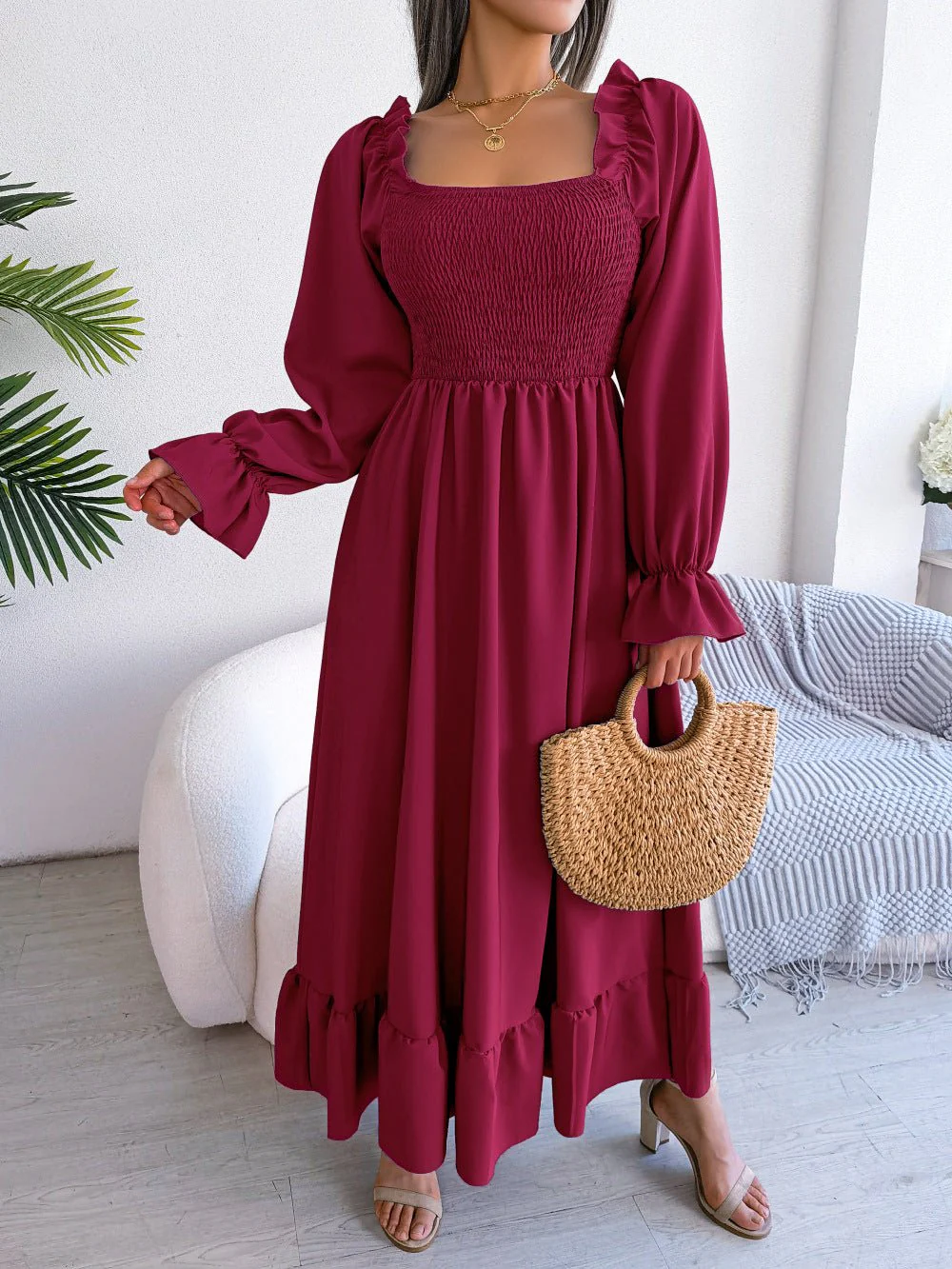 The Romantic Swing | Solid Color Square-Neck Ruffled Trumpet Sleeve Maxi Dress - Image 23