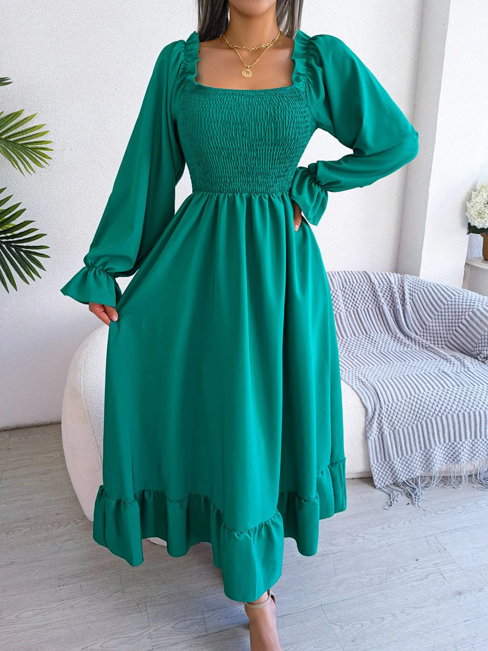 The Romantic Swing | Solid Color Square-Neck Ruffled Trumpet Sleeve Maxi Dress - Image 24