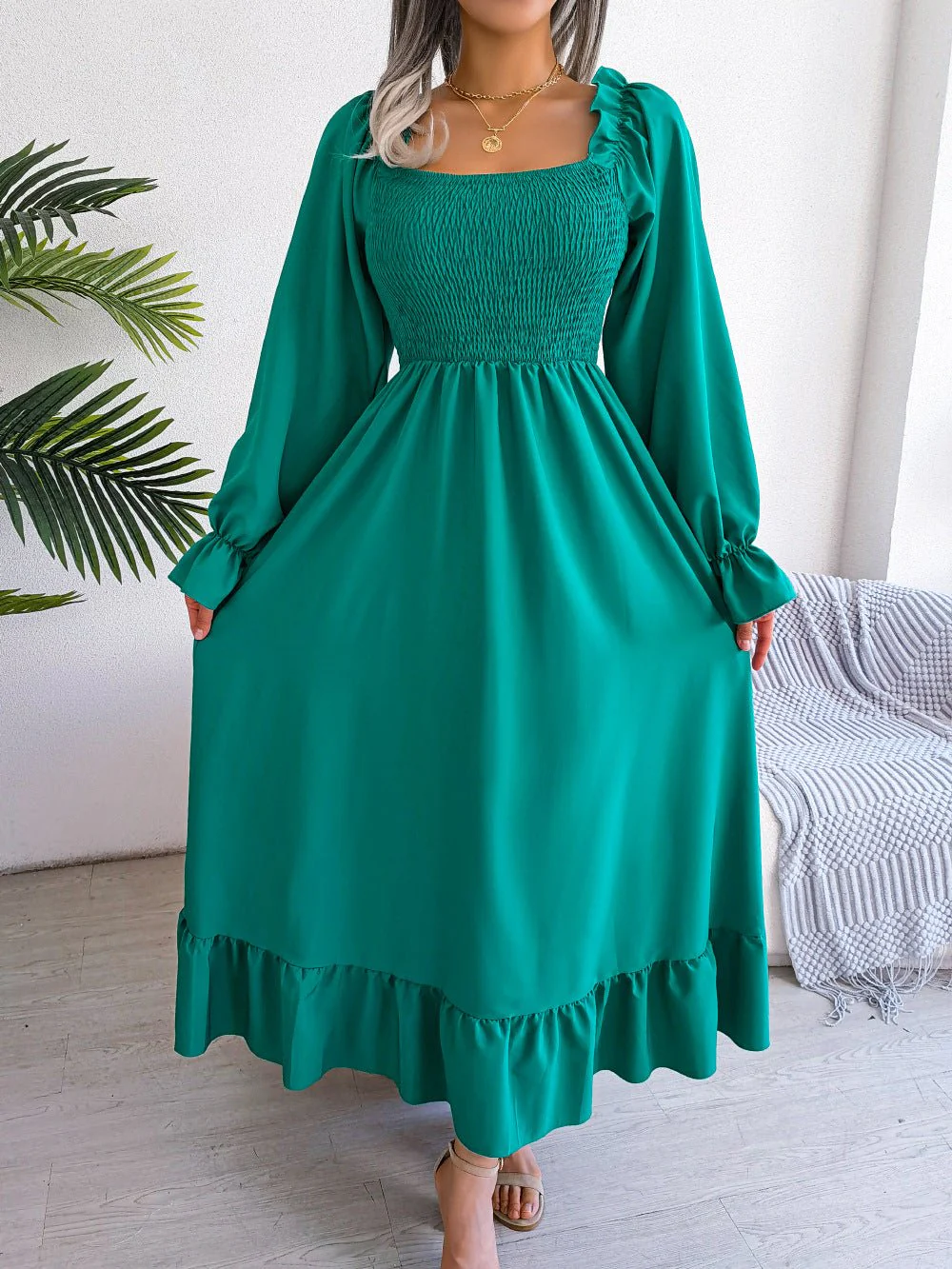 The Romantic Swing | Solid Color Square-Neck Ruffled Trumpet Sleeve Maxi Dress - Image 25