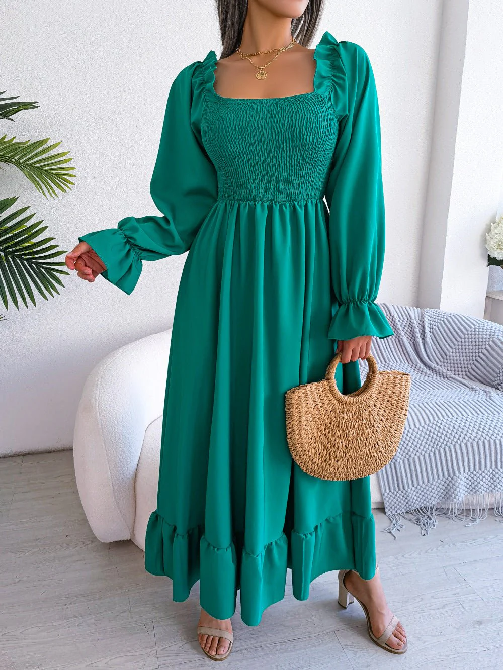 The Romantic Swing | Solid Color Square-Neck Ruffled Trumpet Sleeve Maxi Dress - Image 28