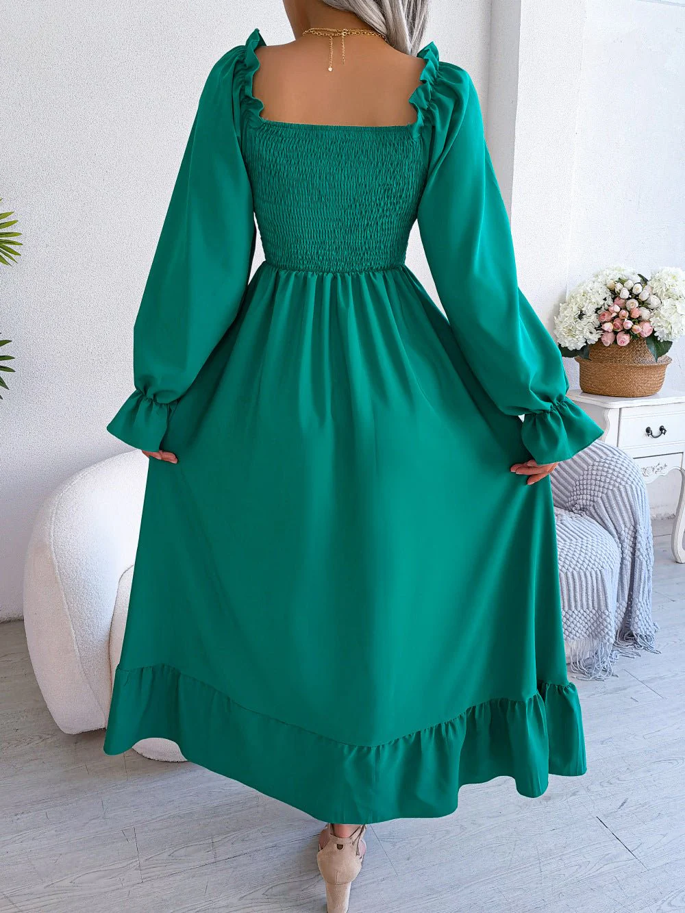 The Romantic Swing | Solid Color Square-Neck Ruffled Trumpet Sleeve Maxi Dress - Image 29