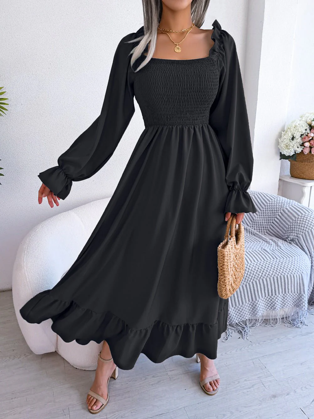 The Romantic Swing | Solid Color Square-Neck Ruffled Trumpet Sleeve Maxi Dress - Image 3