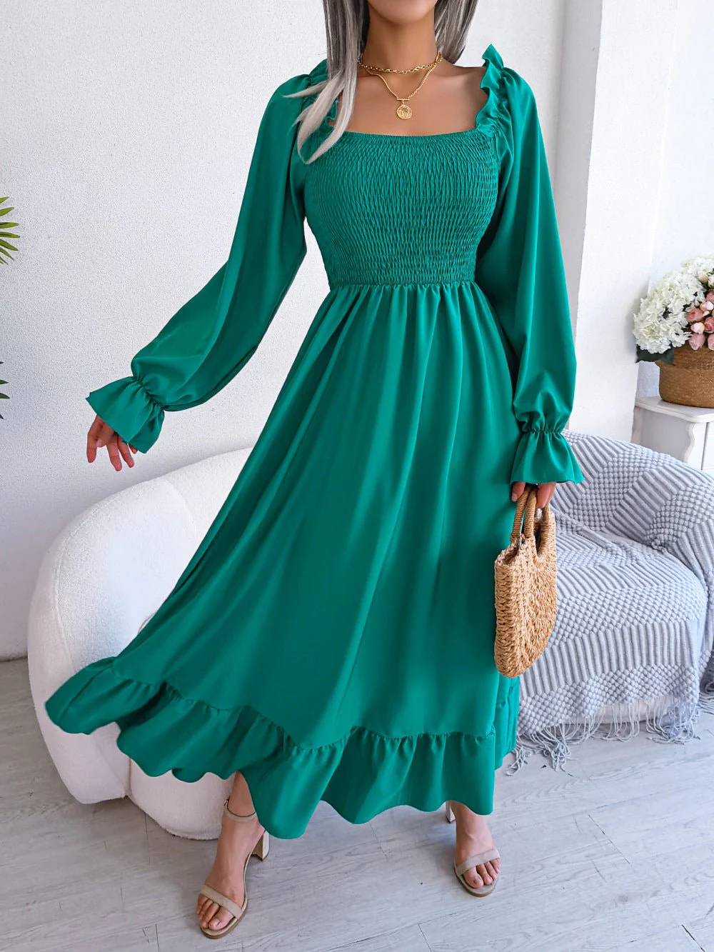 The Romantic Swing | Solid Color Square-Neck Ruffled Trumpet Sleeve Maxi Dress - Image 30