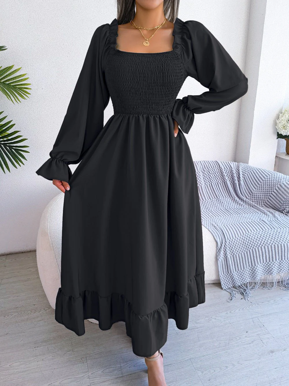 The Romantic Swing | Solid Color Square-Neck Ruffled Trumpet Sleeve Maxi Dress - Image 31