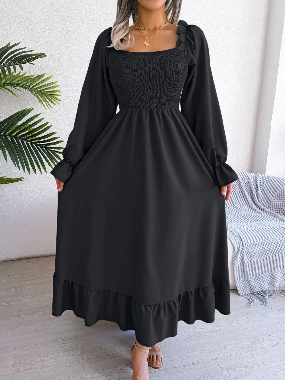 The Romantic Swing | Solid Color Square-Neck Ruffled Trumpet Sleeve Maxi Dress - Image 32