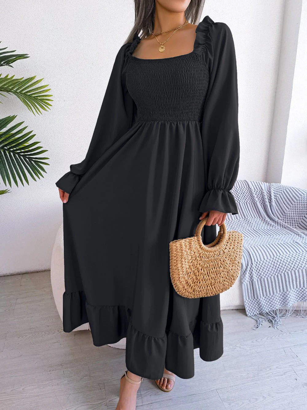 The Romantic Swing | Solid Color Square-Neck Ruffled Trumpet Sleeve Maxi Dress - Image 33
