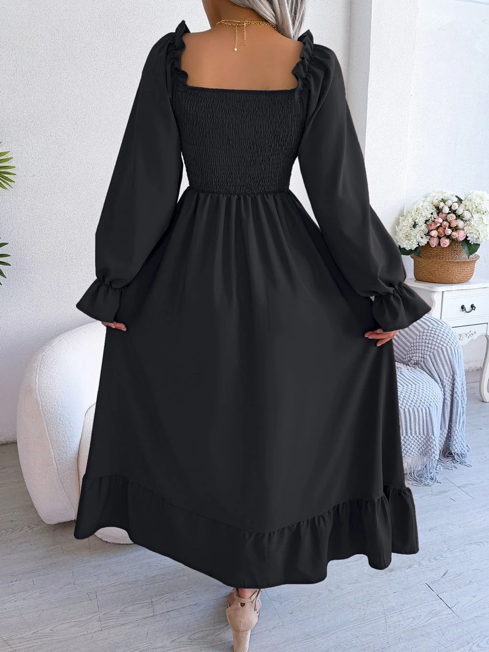 The Romantic Swing | Solid Color Square-Neck Ruffled Trumpet Sleeve Maxi Dress - Image 35