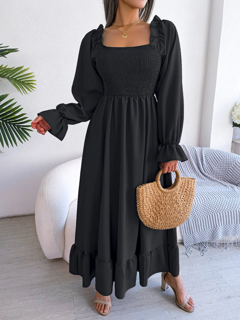 The Romantic Swing | Solid Color Square-Neck Ruffled Trumpet Sleeve Maxi Dress - Image 36
