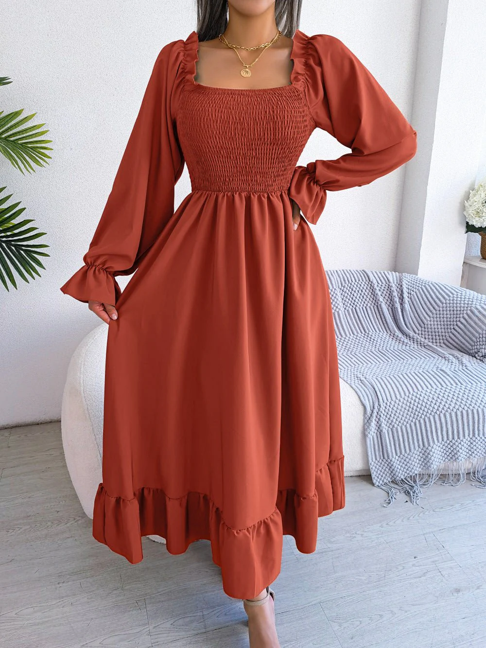 The Romantic Swing | Solid Color Square-Neck Ruffled Trumpet Sleeve Maxi Dress - Image 37