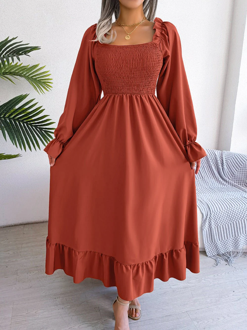 The Romantic Swing | Solid Color Square-Neck Ruffled Trumpet Sleeve Maxi Dress - Image 38