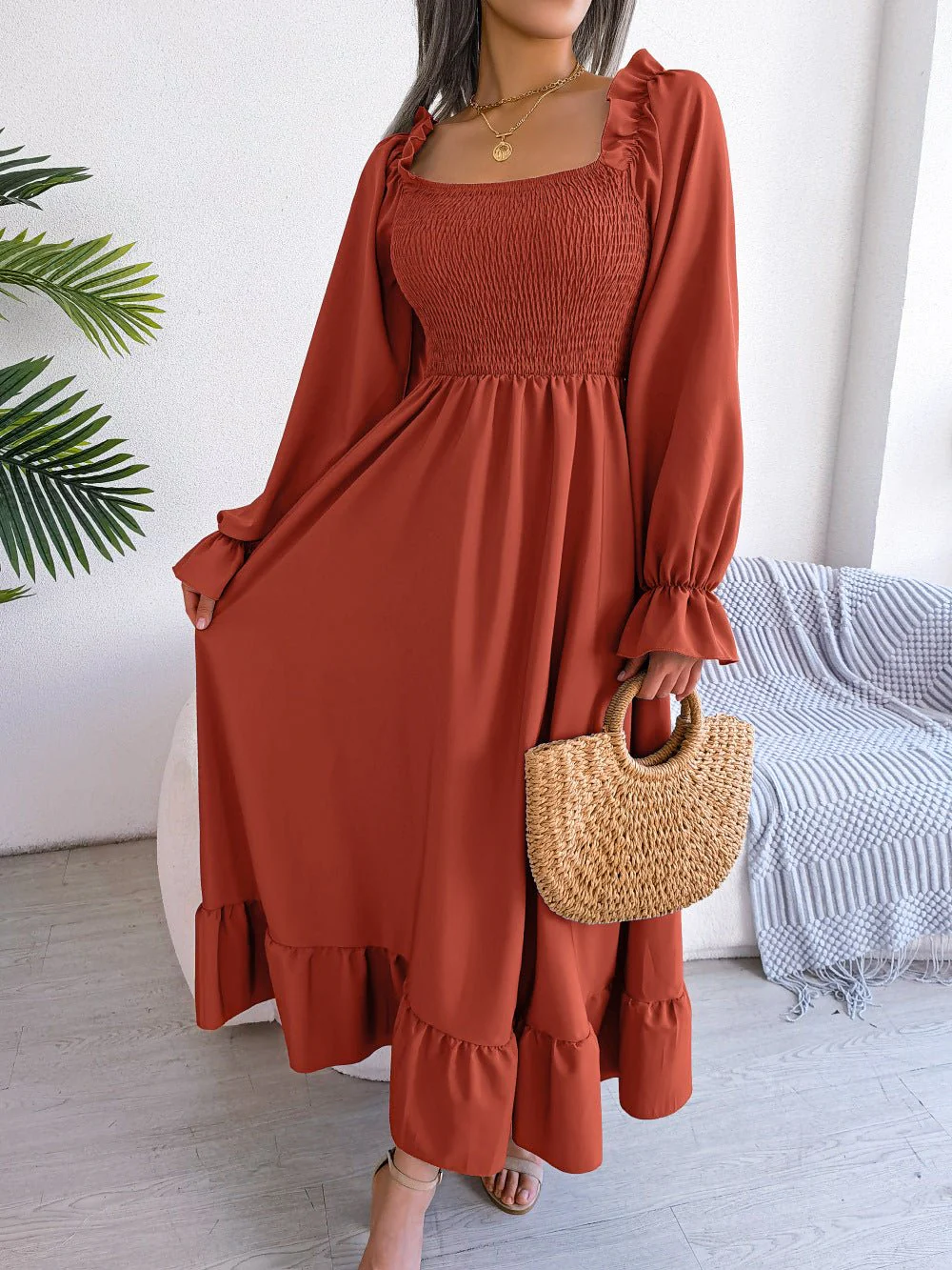 The Romantic Swing | Solid Color Square-Neck Ruffled Trumpet Sleeve Maxi Dress - Image 39