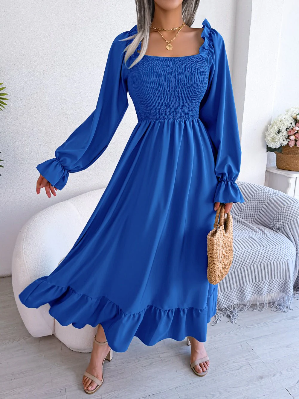 The Romantic Swing | Solid Color Square-Neck Ruffled Trumpet Sleeve Maxi Dress - Image 4