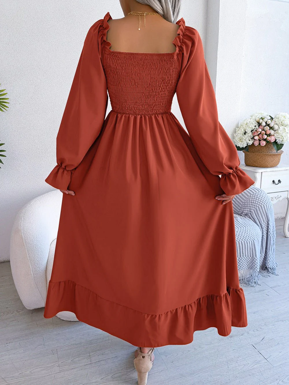 The Romantic Swing | Solid Color Square-Neck Ruffled Trumpet Sleeve Maxi Dress - Image 41