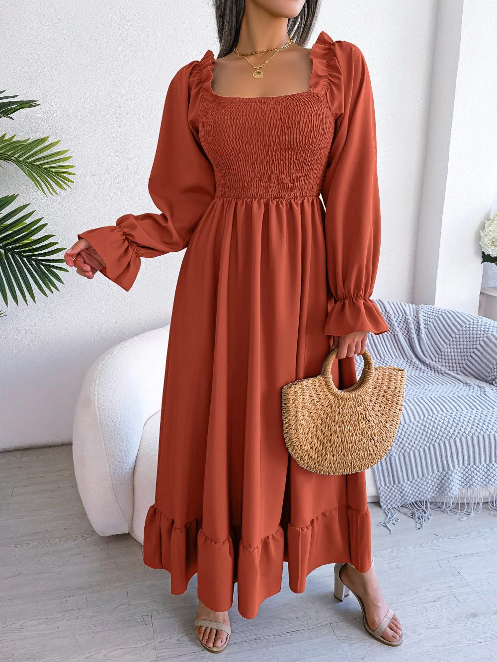The Romantic Swing | Solid Color Square-Neck Ruffled Trumpet Sleeve Maxi Dress - Image 42