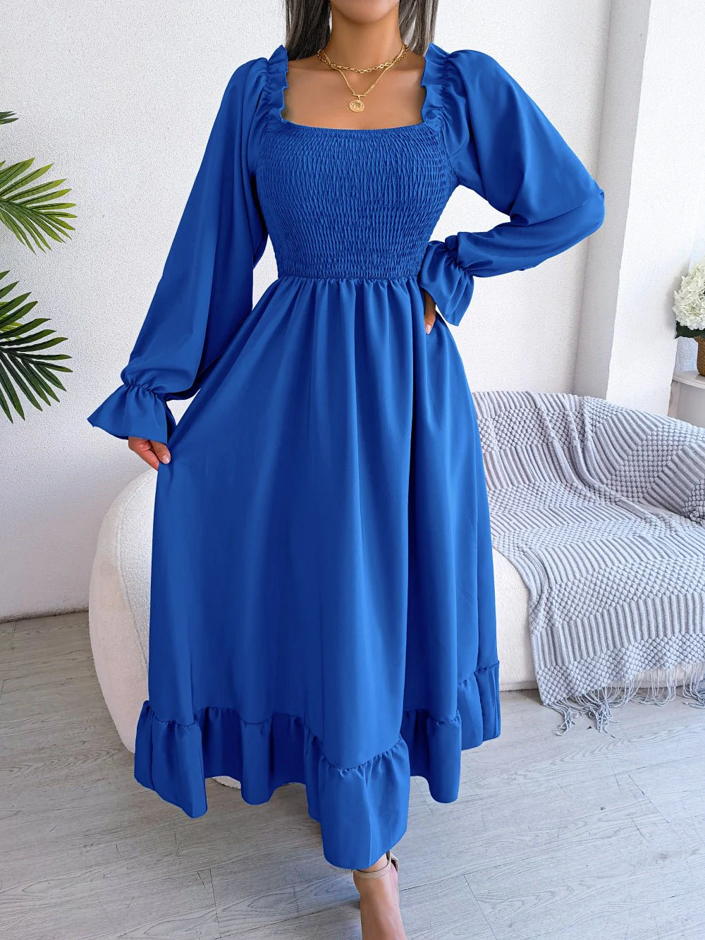 The Romantic Swing | Solid Color Square-Neck Ruffled Trumpet Sleeve Maxi Dress - Image 43