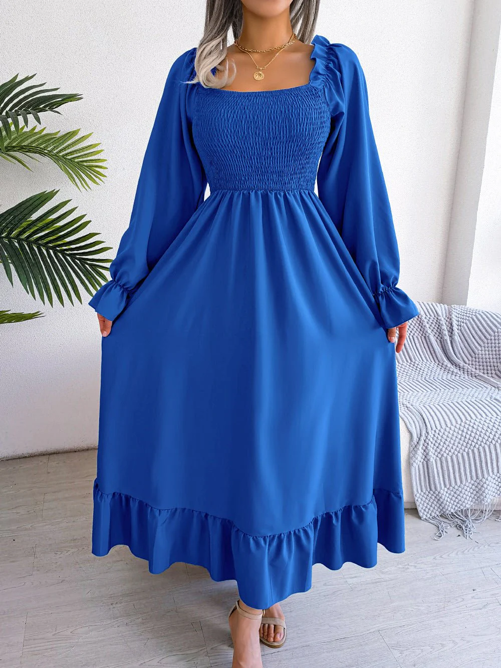 The Romantic Swing | Solid Color Square-Neck Ruffled Trumpet Sleeve Maxi Dress - Image 44