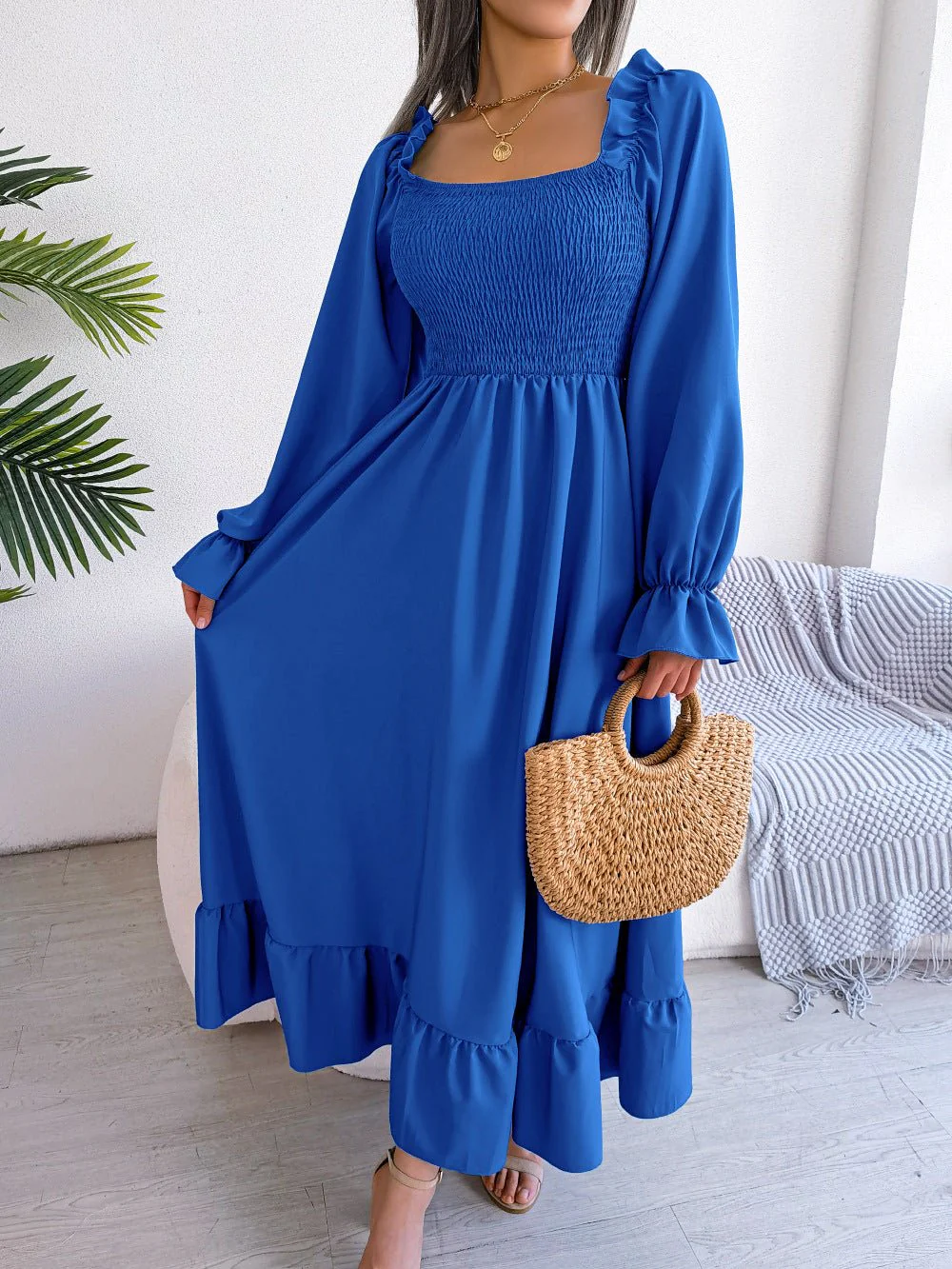 The Romantic Swing | Solid Color Square-Neck Ruffled Trumpet Sleeve Maxi Dress - Image 45