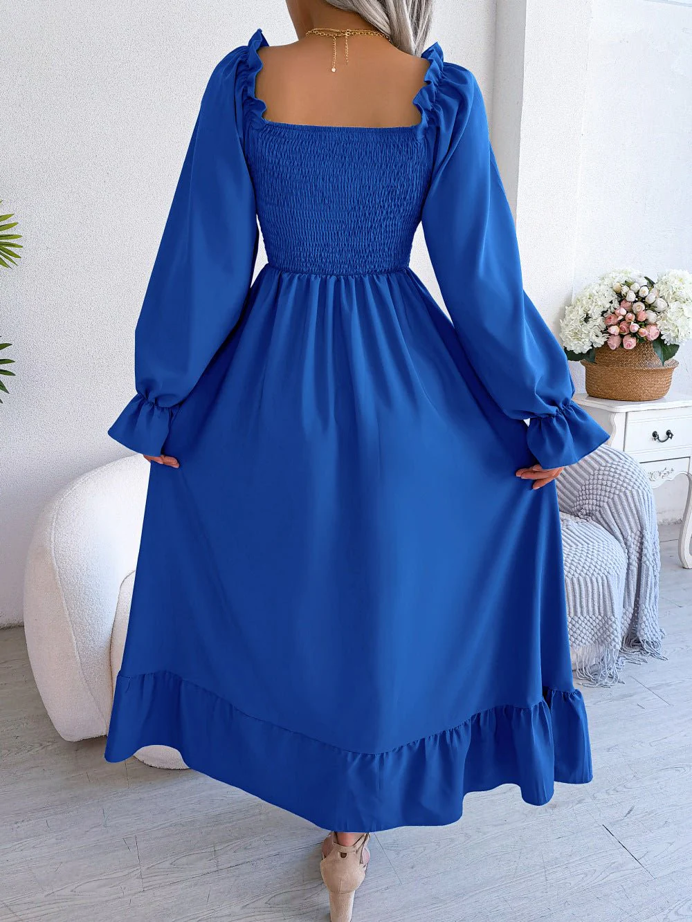 The Romantic Swing | Solid Color Square-Neck Ruffled Trumpet Sleeve Maxi Dress - Image 47