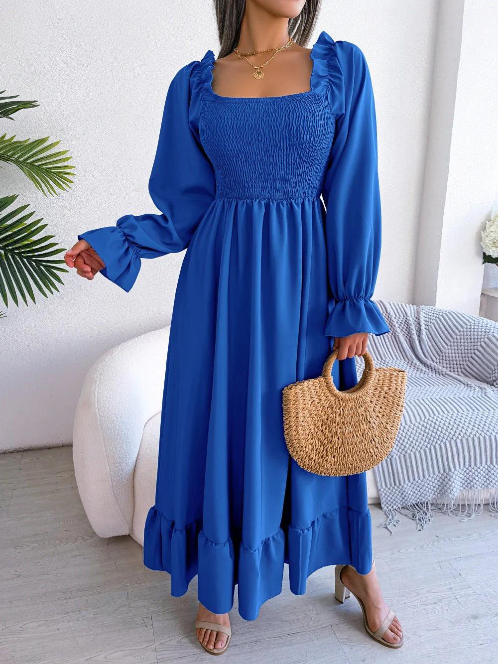 The Romantic Swing | Solid Color Square-Neck Ruffled Trumpet Sleeve Maxi Dress - Image 48