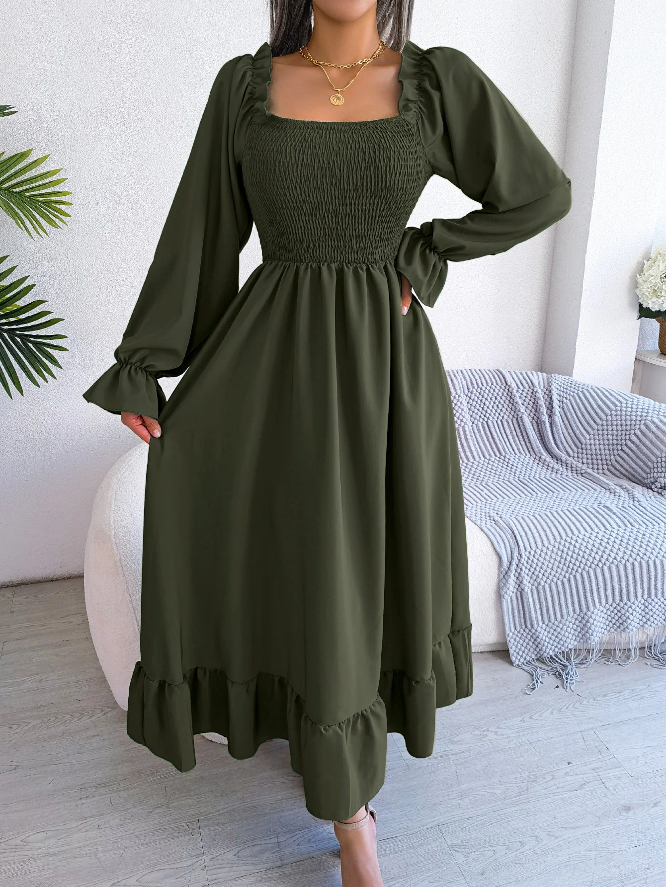 The Romantic Swing | Solid Color Square-Neck Ruffled Trumpet Sleeve Maxi Dress - Image 49