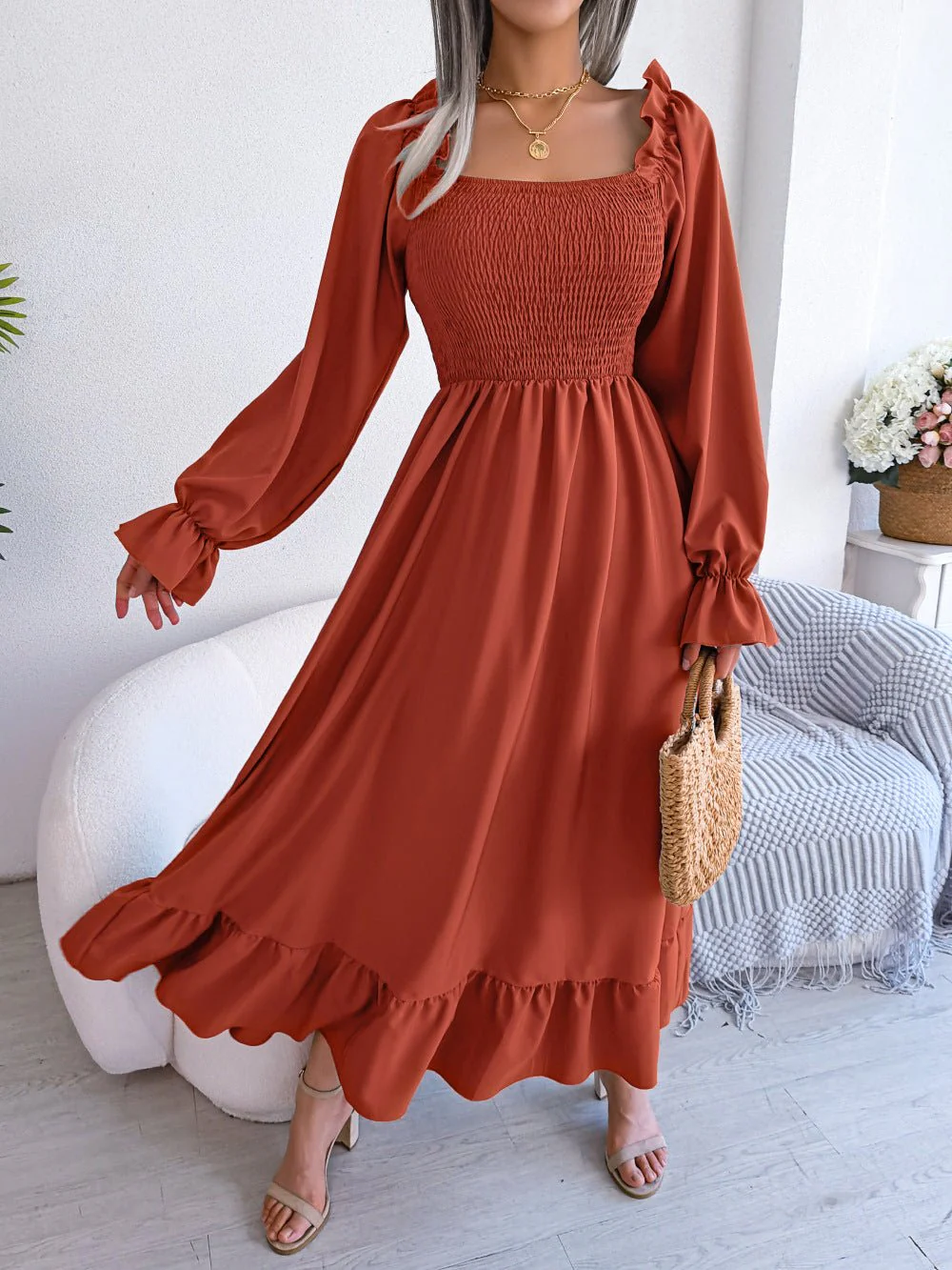 The Romantic Swing | Solid Color Square-Neck Ruffled Trumpet Sleeve Maxi Dress - Image 5