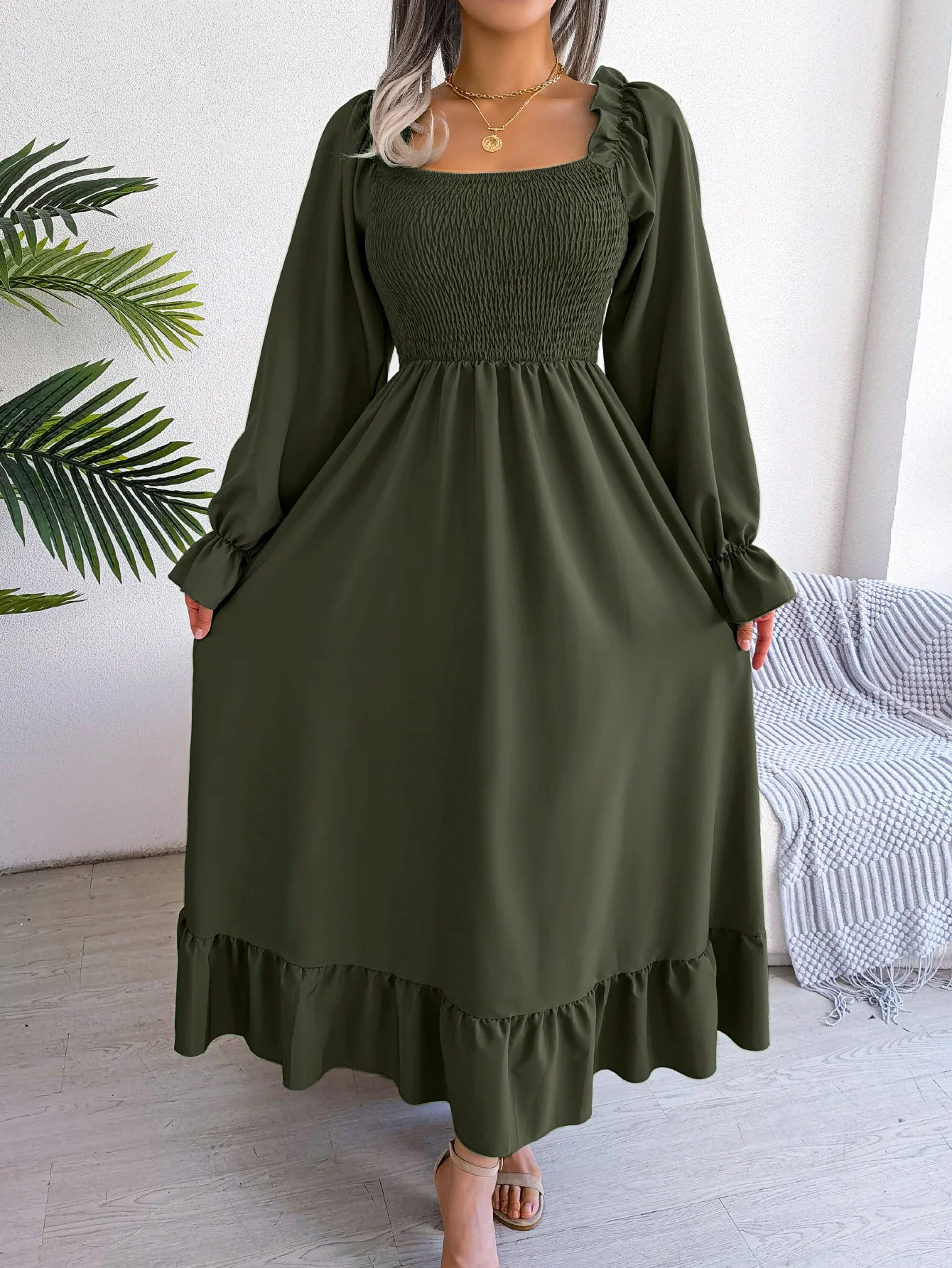 The Romantic Swing | Solid Color Square-Neck Ruffled Trumpet Sleeve Maxi Dress - Image 50