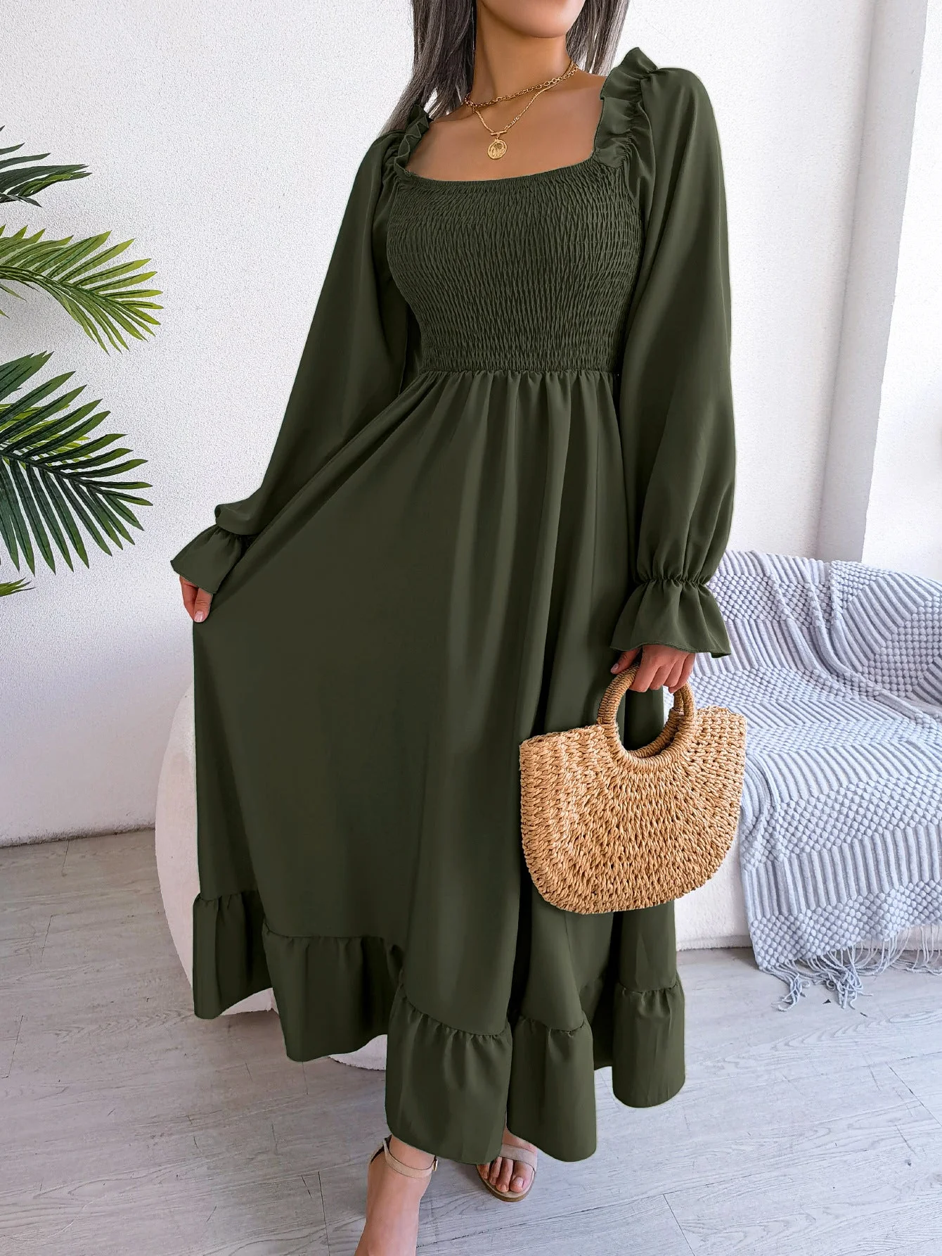 The Romantic Swing | Solid Color Square-Neck Ruffled Trumpet Sleeve Maxi Dress - Image 51