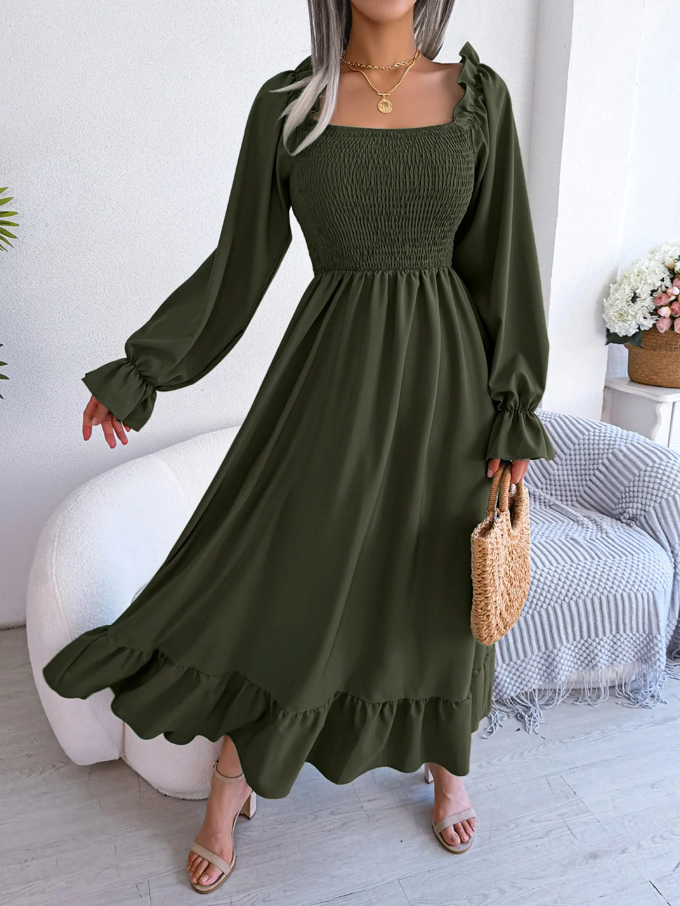 The Romantic Swing | Solid Color Square-Neck Ruffled Trumpet Sleeve Maxi Dress - Image 52