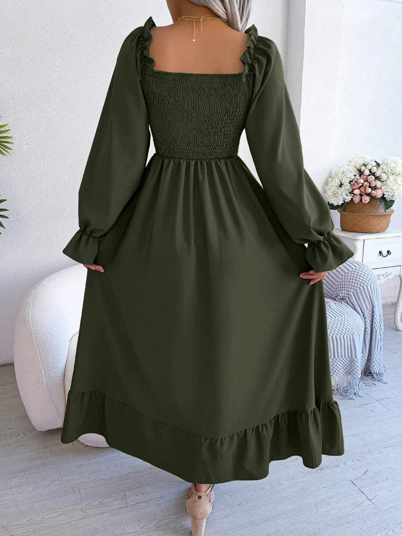The Romantic Swing | Solid Color Square-Neck Ruffled Trumpet Sleeve Maxi Dress - Image 53