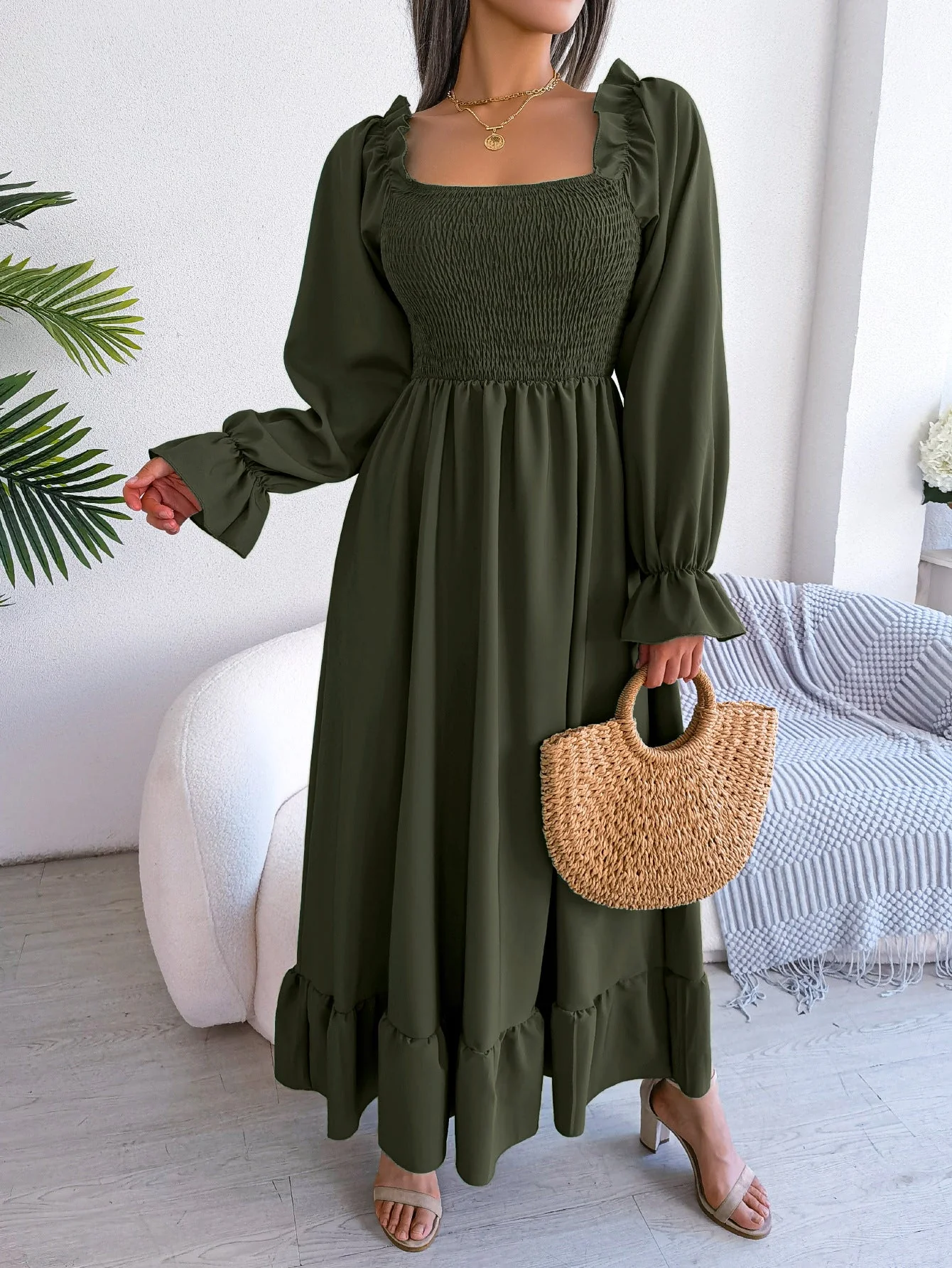 The Romantic Swing | Solid Color Square-Neck Ruffled Trumpet Sleeve Maxi Dress - Image 54