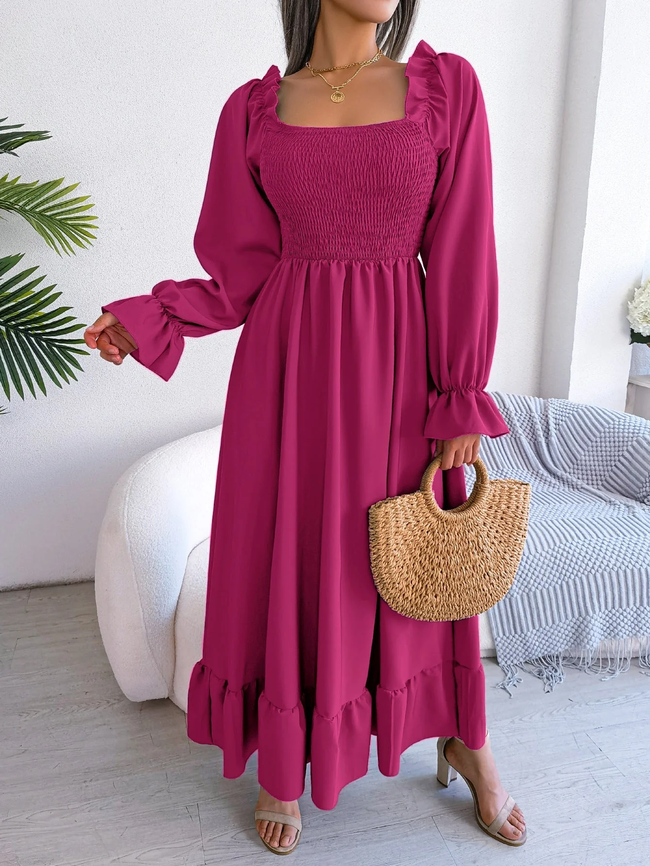 The Romantic Swing | Solid Color Square-Neck Ruffled Trumpet Sleeve Maxi Dress - Image 55