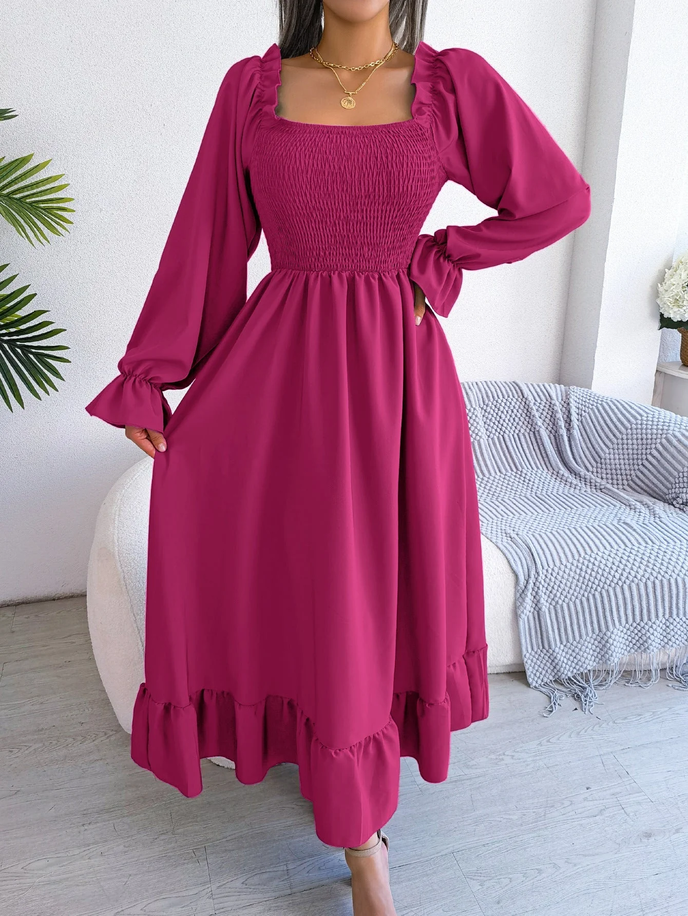 The Romantic Swing | Solid Color Square-Neck Ruffled Trumpet Sleeve Maxi Dress - Image 56