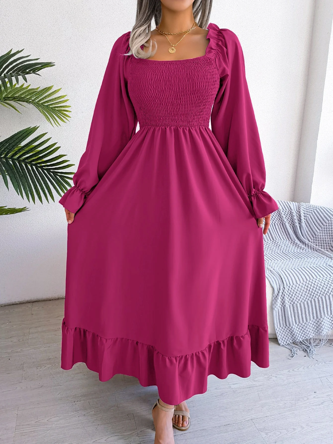 The Romantic Swing | Solid Color Square-Neck Ruffled Trumpet Sleeve Maxi Dress - Image 57