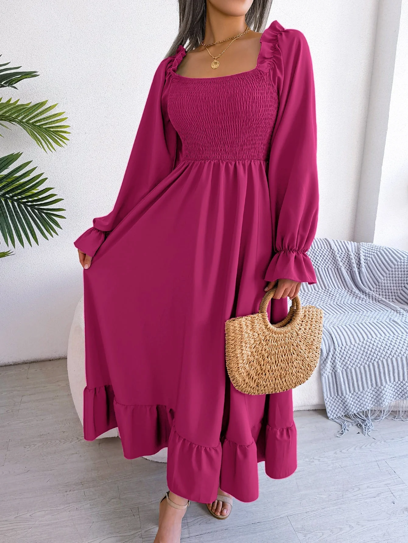 The Romantic Swing | Solid Color Square-Neck Ruffled Trumpet Sleeve Maxi Dress - Image 58
