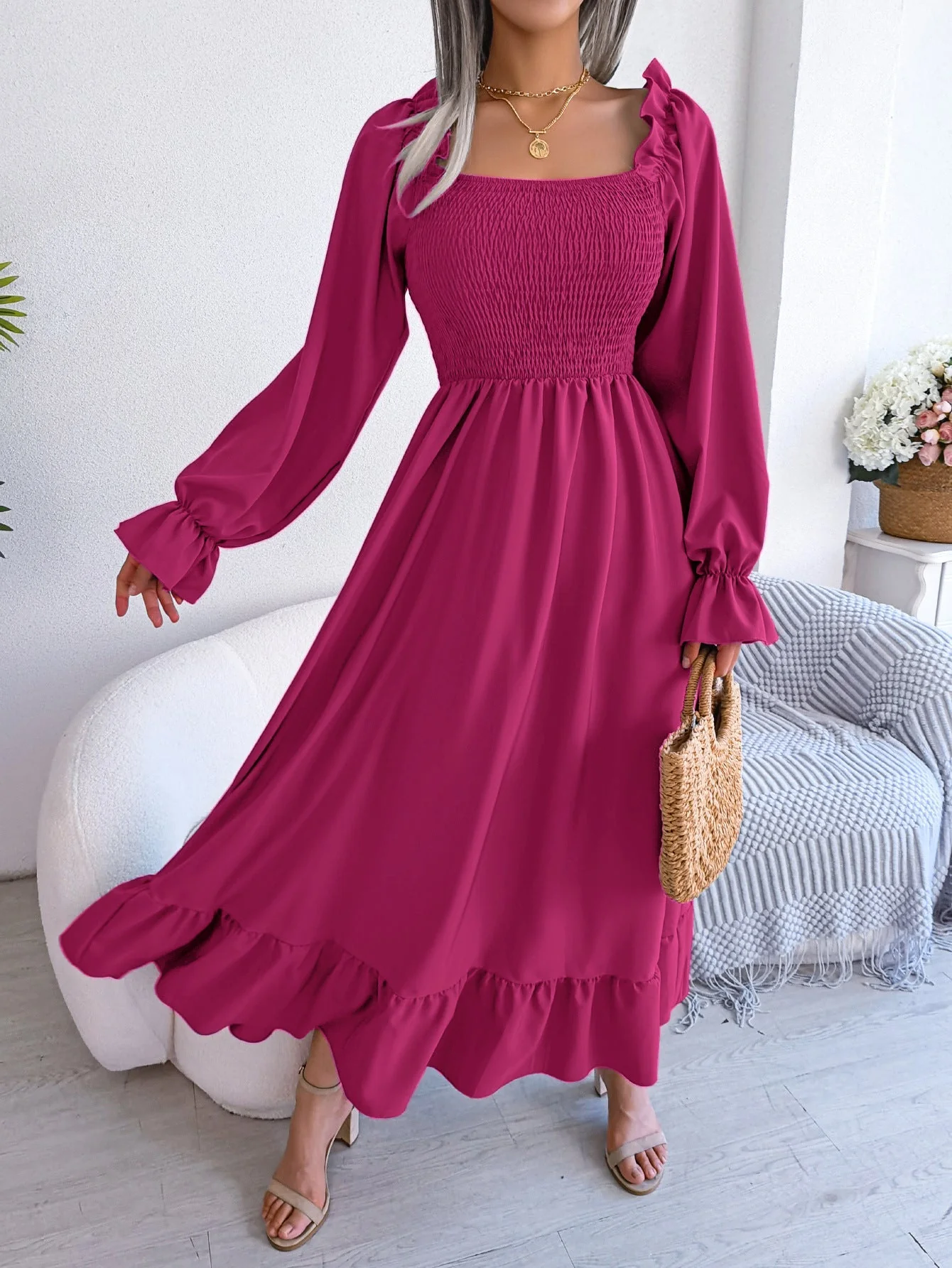 The Romantic Swing | Solid Color Square-Neck Ruffled Trumpet Sleeve Maxi Dress - Image 59