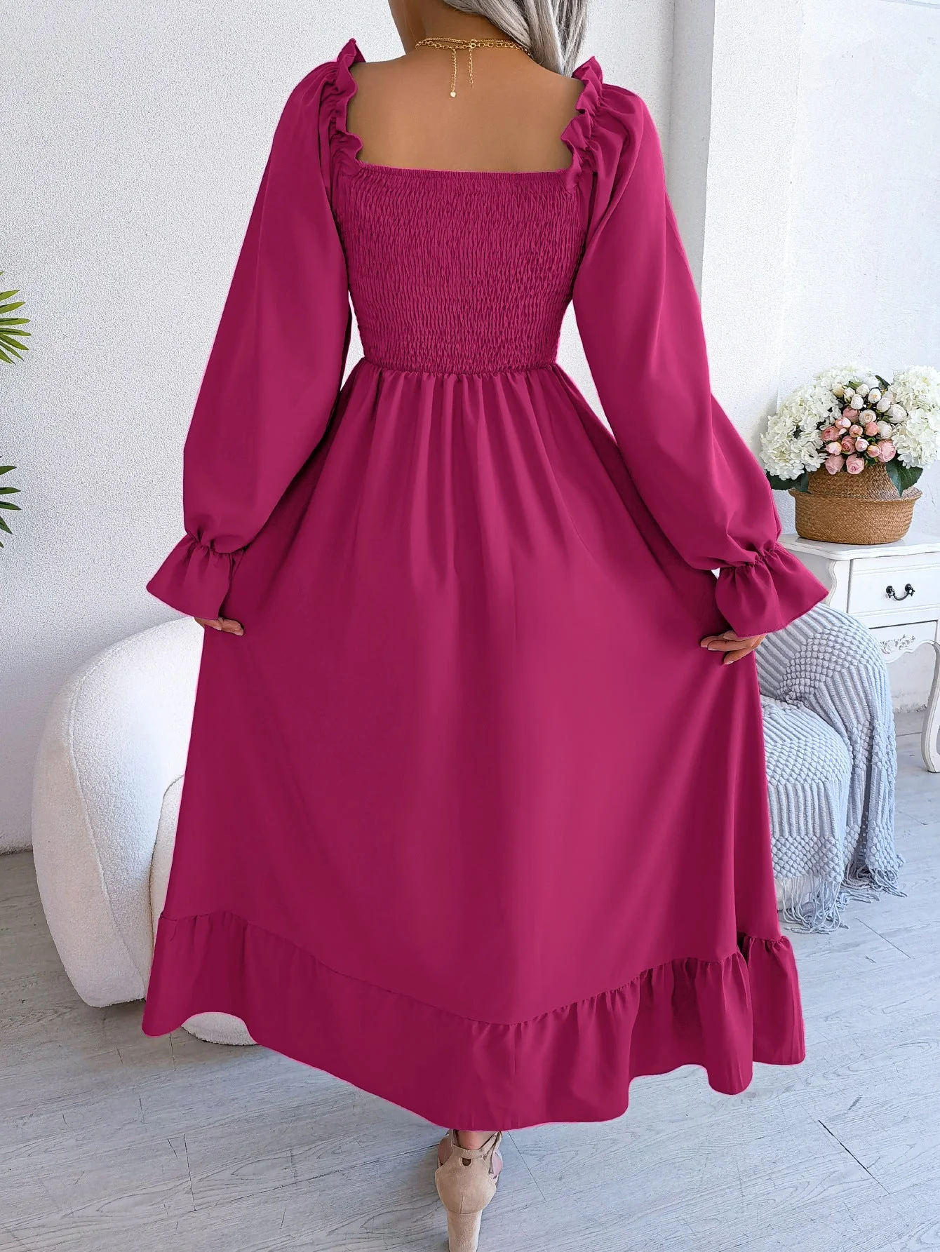 The Romantic Swing | Solid Color Square-Neck Ruffled Trumpet Sleeve Maxi Dress - Image 60