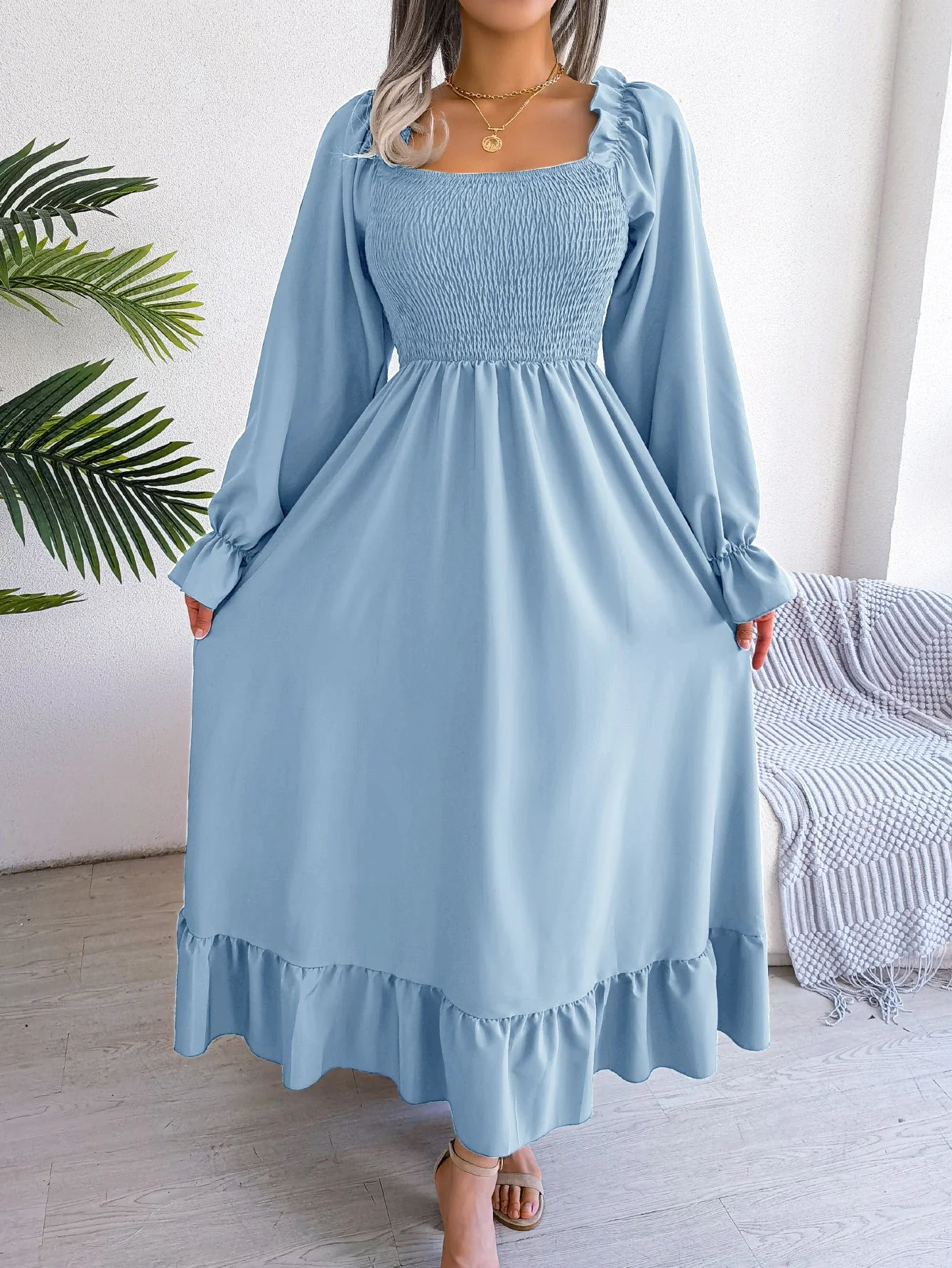 The Romantic Swing | Solid Color Square-Neck Ruffled Trumpet Sleeve Maxi Dress - Image 61