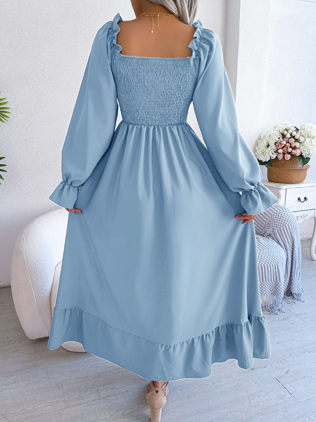 The Romantic Swing | Solid Color Square-Neck Ruffled Trumpet Sleeve Maxi Dress - Image 62