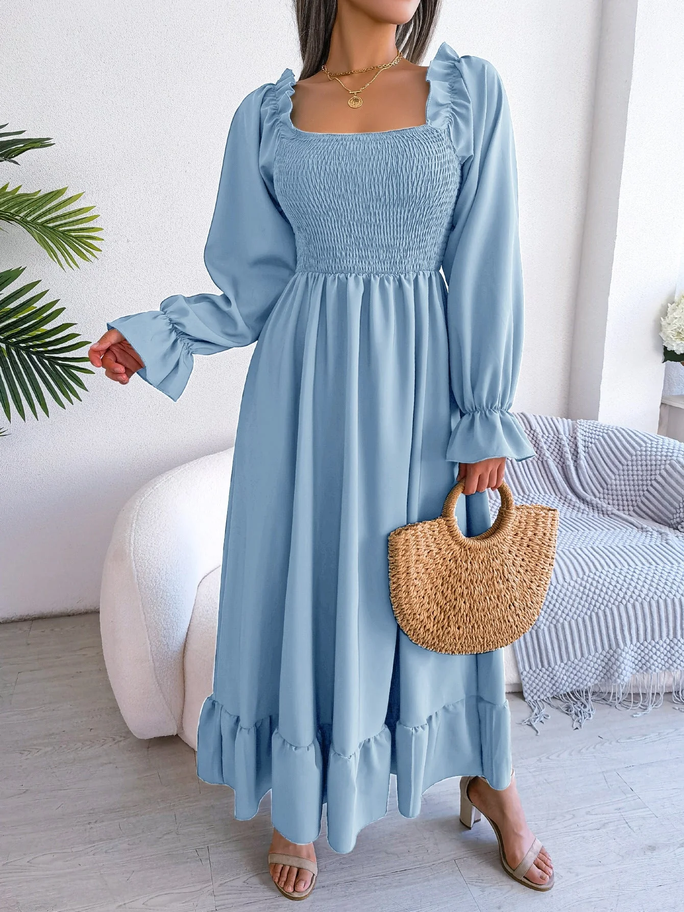 The Romantic Swing | Solid Color Square-Neck Ruffled Trumpet Sleeve Maxi Dress - Image 63
