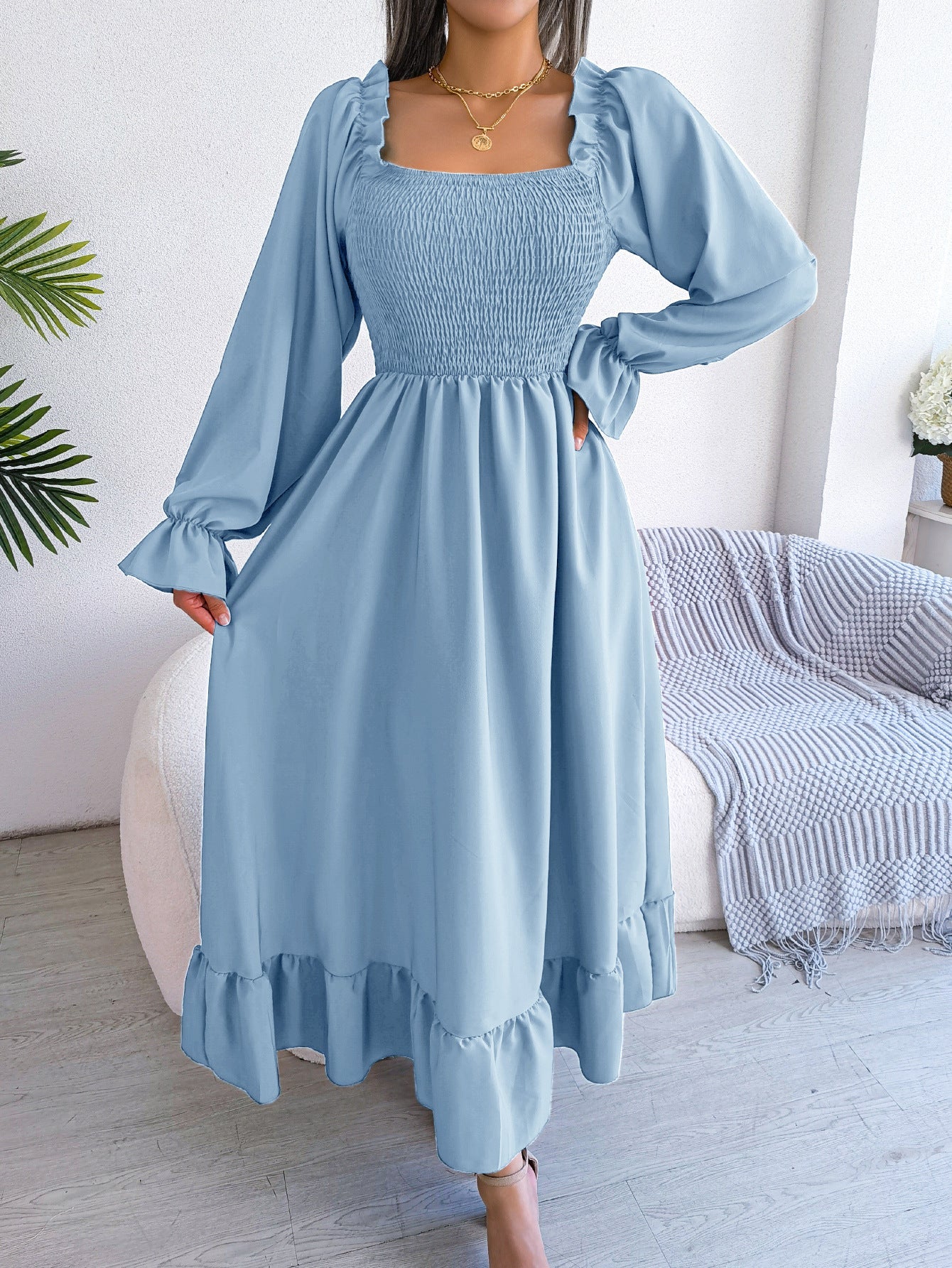 The Romantic Swing | Solid Color Square-Neck Ruffled Trumpet Sleeve Maxi Dress - Image 64