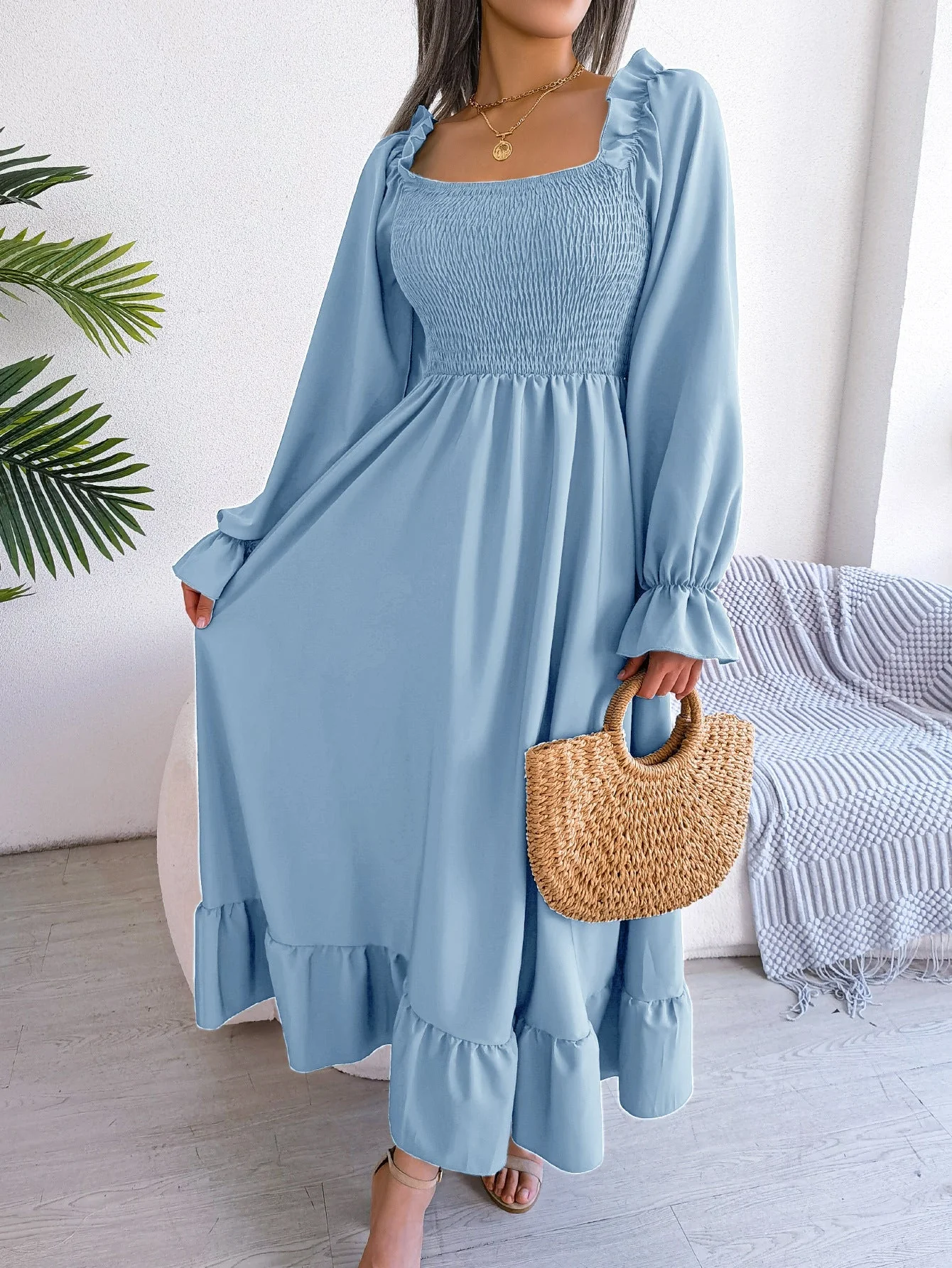 The Romantic Swing | Solid Color Square-Neck Ruffled Trumpet Sleeve Maxi Dress - Image 65