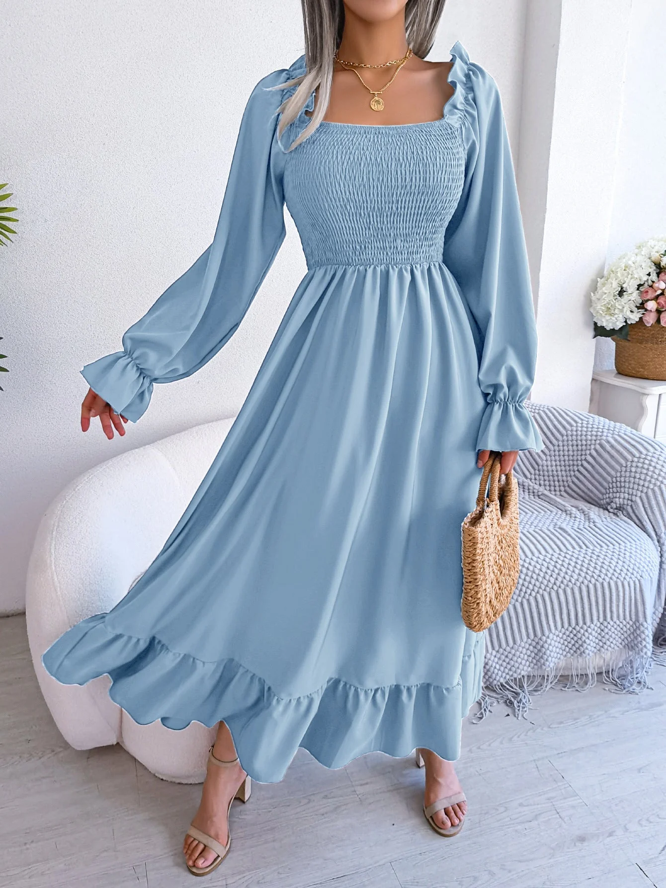 The Romantic Swing | Solid Color Square-Neck Ruffled Trumpet Sleeve Maxi Dress - Image 66