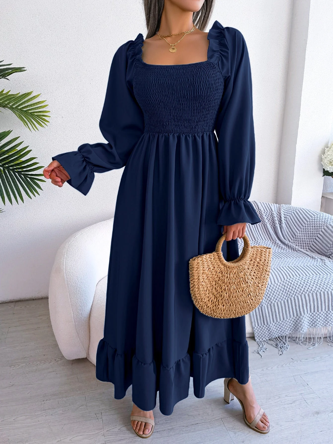 The Romantic Swing | Solid Color Square-Neck Ruffled Trumpet Sleeve Maxi Dress - Image 67