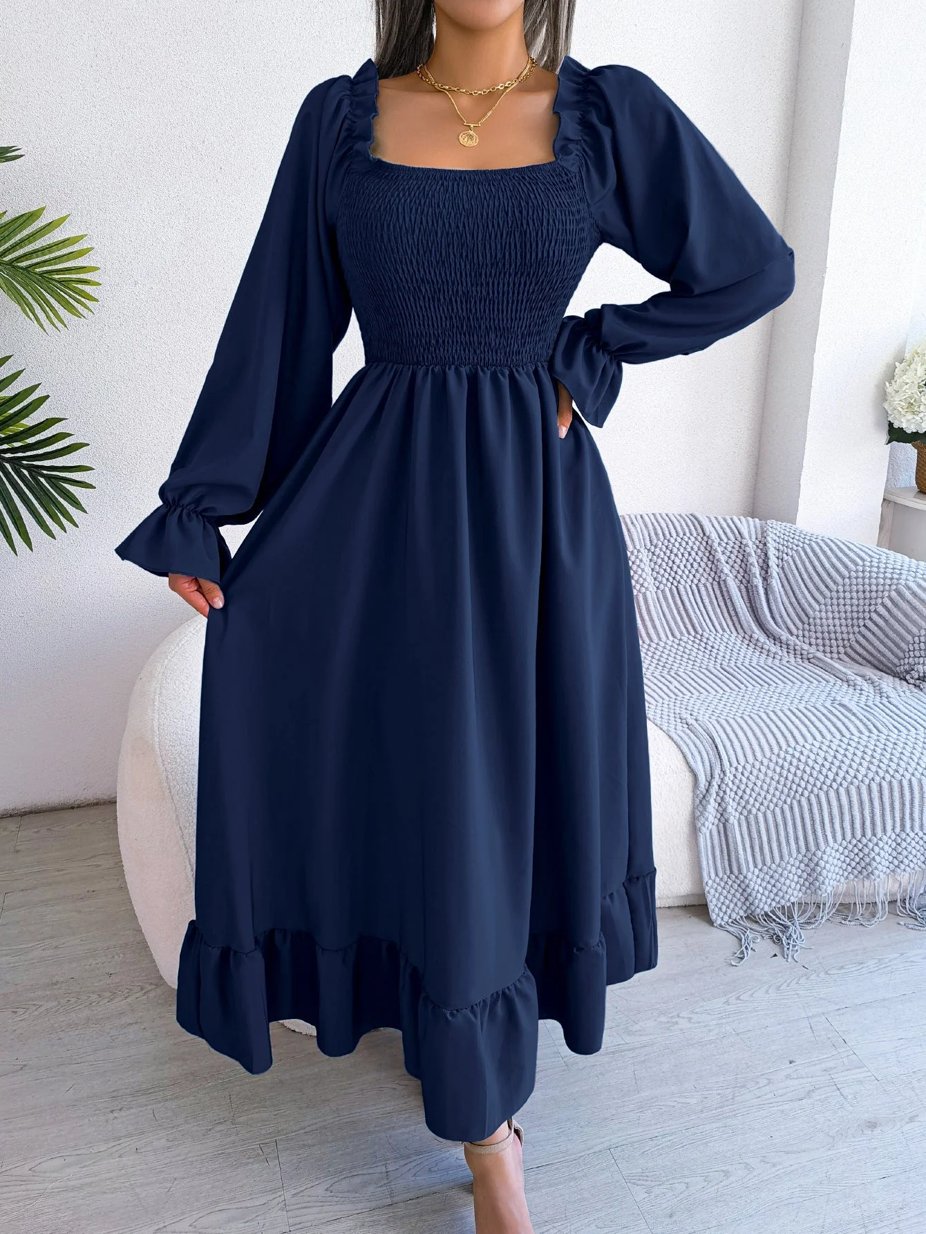 The Romantic Swing | Solid Color Square-Neck Ruffled Trumpet Sleeve Maxi Dress - Image 68