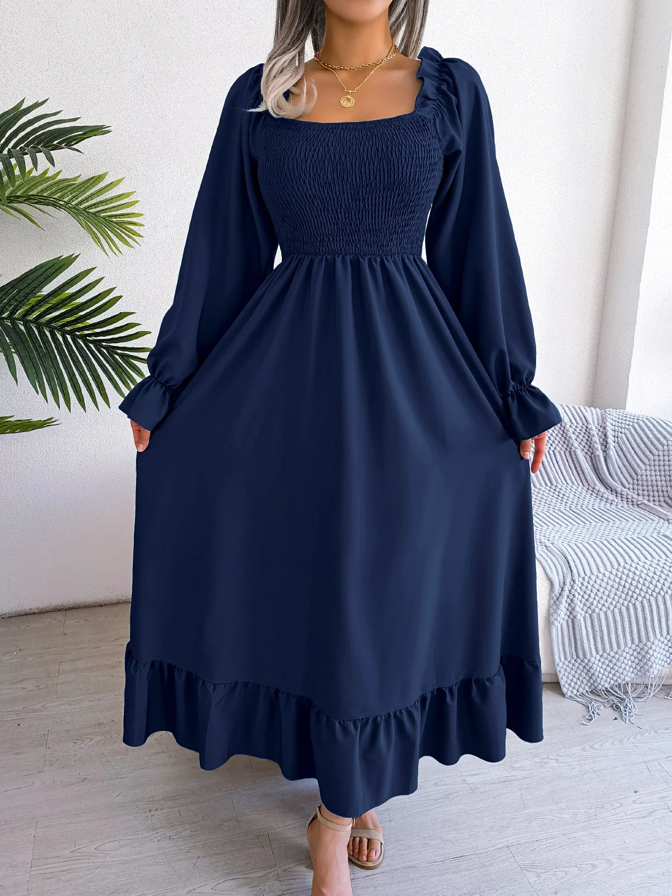 The Romantic Swing | Solid Color Square-Neck Ruffled Trumpet Sleeve Maxi Dress - Image 69