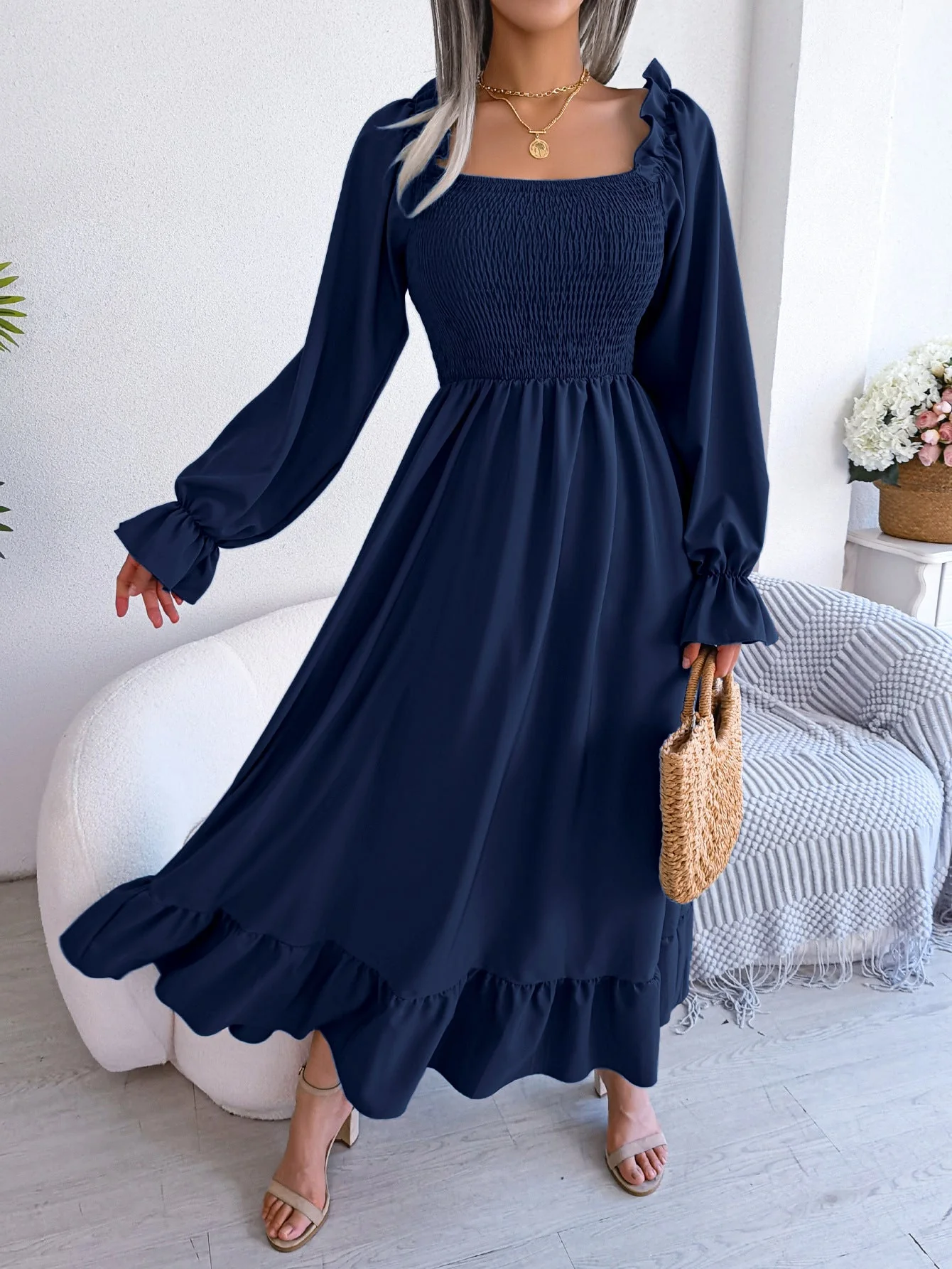 The Romantic Swing | Solid Color Square-Neck Ruffled Trumpet Sleeve Maxi Dress - Image 71