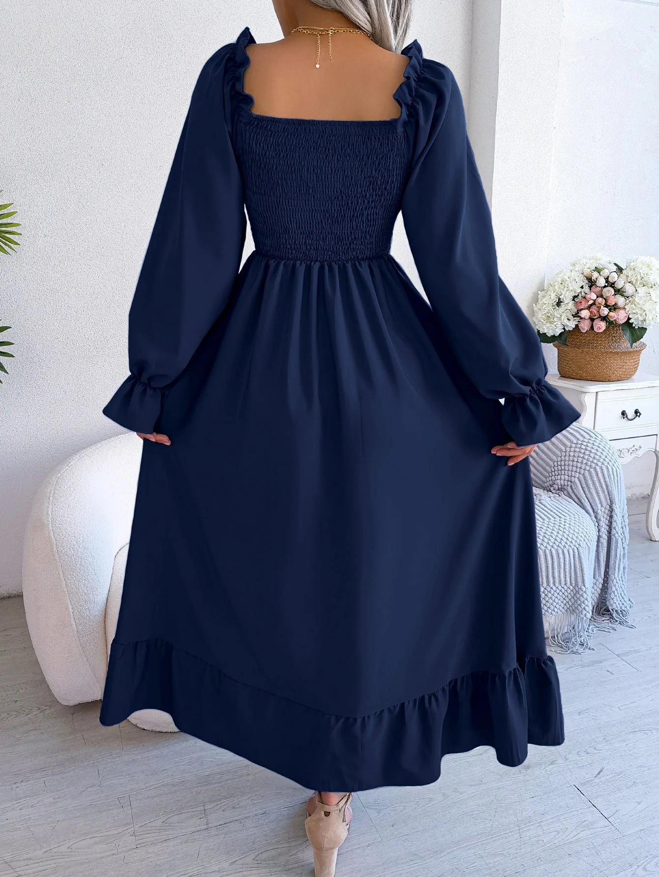 The Romantic Swing | Solid Color Square-Neck Ruffled Trumpet Sleeve Maxi Dress - Image 72
