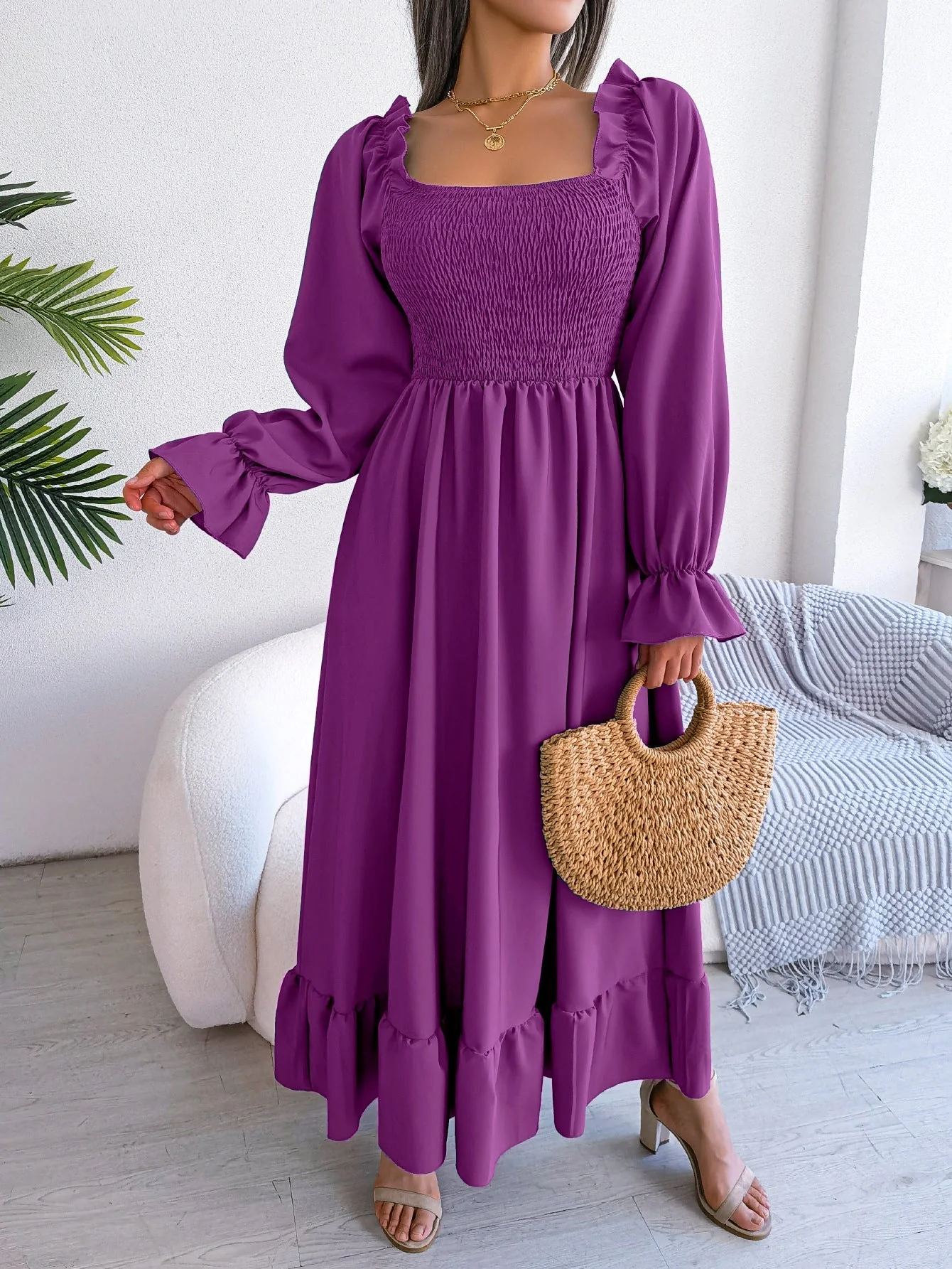 The Romantic Swing | Solid Color Square-Neck Ruffled Trumpet Sleeve Maxi Dress - Image 73
