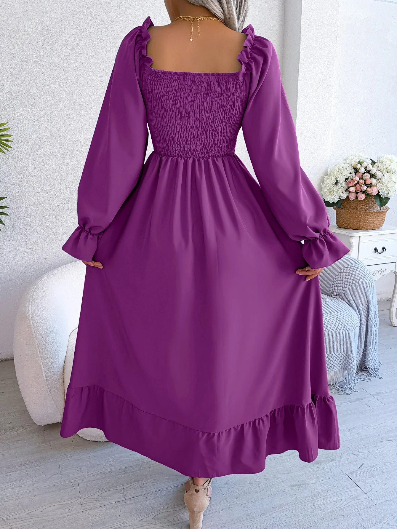 The Romantic Swing | Solid Color Square-Neck Ruffled Trumpet Sleeve Maxi Dress - Image 74